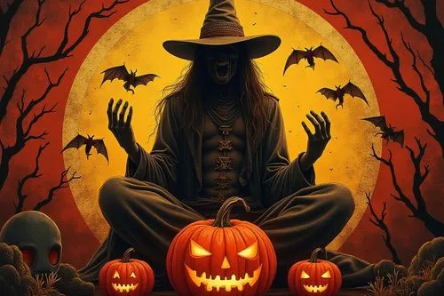 halloween collage, spooky, ancient druids, samhain, color，Retro，Retro oranage red yellow tones




,a person sitting in a field with three pumpkins,samhain,halloween illustration,halloween background,