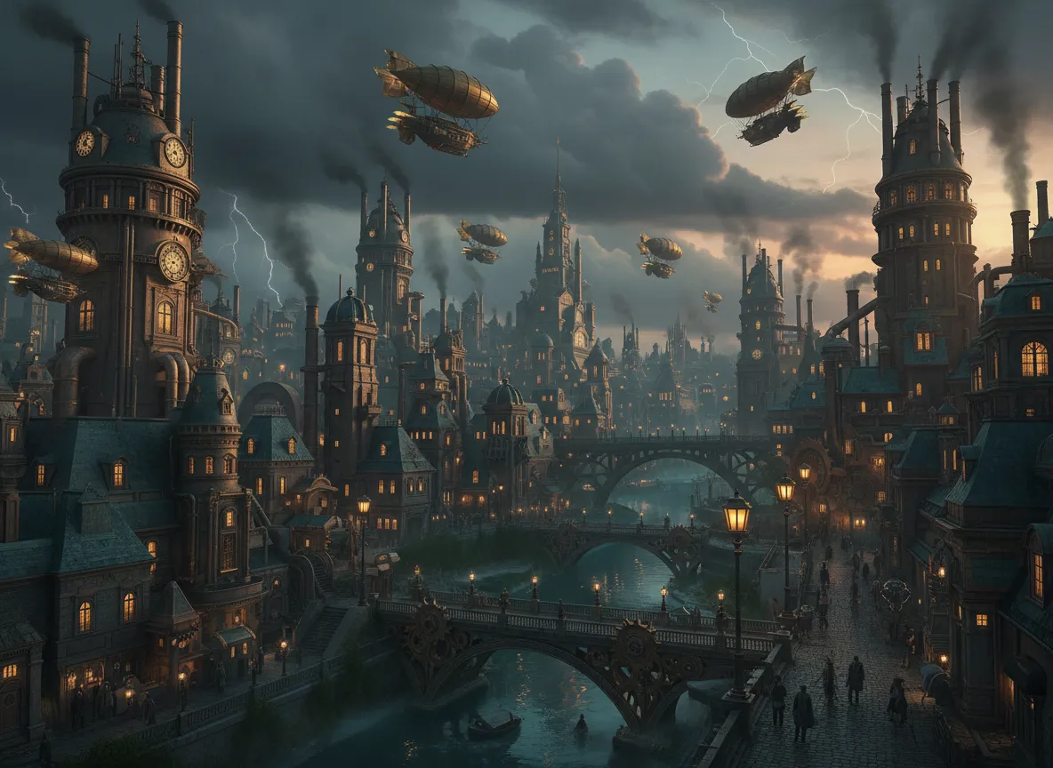 Eine stimmungsvolle, KI-generierte Steampunk-Stadtlandschaft in der Dämmerung, die eine perfekte Farbpalette aus Bronze, Gold und dunklem Blaugrün unter einem bewölkten Himmel zeigt.