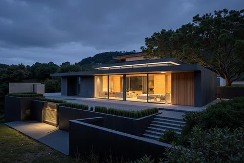 A photo-realistic shoot from a bird's eye view about a modern, minimalist house with a contemporary design, set against a dark blue sky with a few clouds. the image also shows a lush green hillside wi