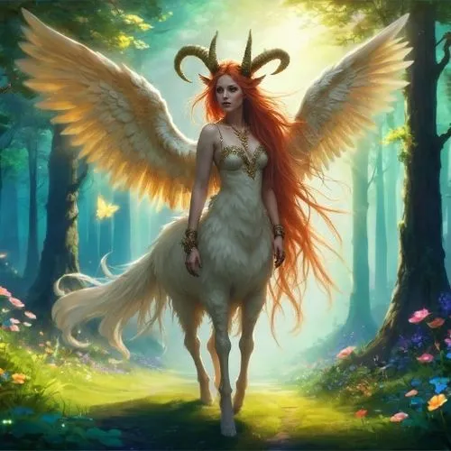 a fairy tale forest with beautiful trees and glowing flowers,a painting of a woman with large red hair and big horns with long hair, wearing white dress,titania,angaur,nikorn,saturnyne,fae,pegasus,spr