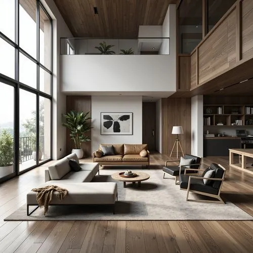 Minimalist living room, sleek wooden floors, geometric-shaped furniture, monochromatic color scheme, industrial metal accents, floor-to-ceiling windows, abundant natural light, open-plan layout, funct