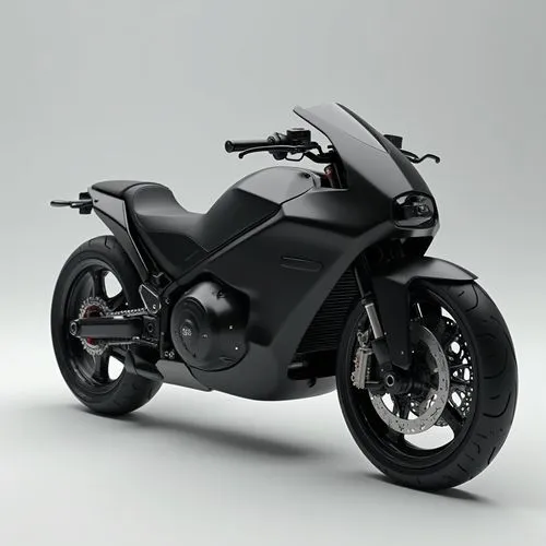 A minimalist two-seater electric motorcycle, with a sleek aerodynamic body and cutting-edge suspension technology. The frame is constructed of carbon fiber for lightweight durability, while the body i