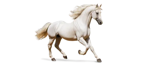 Majestic white horse, solo, galloping, flowing mane, bright brown eyes, shining coat, detailed muscles, powerful legs, hooves, morning sunlight, soft focus, cinematic composition, 3/4 view, shallow de