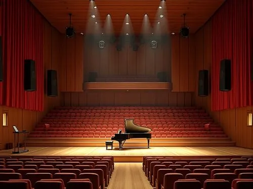 Intimate concert hall, wooden paneling, sound-absorbing materials, tiered seating, grand piano, professional audio equipment, spotlights, ambient warm lighting, 1/1 composition, shallow depth of field