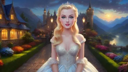 Romantic masterpiece oil painting, cute girl portrait, nostalgic 1950's style kitsch, breathtaking beautiful kingdom landscape, majestic fantasy scenery, evening lighting,  highly detailed, highres, a