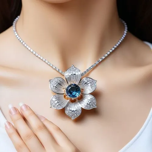 
Transform the ring into an elegant necklace with a unique, eye-catching design. The necklace should retain the original flower-like shape of the ring, but now rest gracefully on a neck. Add a magical