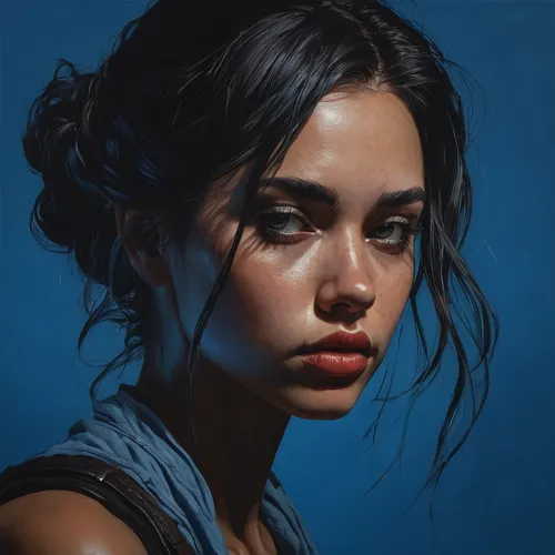 A moody portrait on blue backgrounds.,blue painting,girl portrait,oil painting,oil painting on canvas,portrait of a girl,digital painting,moody portrait,woman portrait,face portrait,painting technique