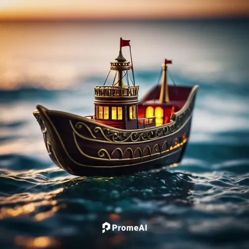 A miniature ship rocking on rippling waves of the sea,Floating 0.0,boat on sea,viking ship,armada,piratical,pineapple boat,wooden boat,the vessel,rowboat,pirate ship,paper boat,sea sailing ship,sea fa