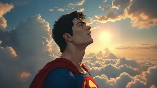 a superman man stares into the sky, with a background of clouds and a sun,superman,super man,superman logo,superimposing,supermen,superhero background,supernatant,wonder,superhuman,supernal,superimpos