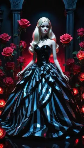 60s barbie doll in a black and white striped ballgown,Barbie,porcelain rose,red rose,rosebushes,red roses,black rose,fallen petals,bright rose,night view of red rose,romantic rose,scent of roses,way o