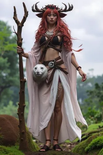 a woman in a costume holding a white dog and tree branch,druid,fauns,dryad,faun,druids,sorceress,druidism,the enchantress,shepherdess,wood elf,enchantress,priestess,dryads,huntress,fantasy woman,faeri