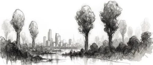 paisaje futurista ciudad y arboles gigantes, ,a black and white drawing of a cityscape,cypresses,swampy landscape,plane trees,city scape,willows,urban landscape,small landscape,trees,underbrush,of tre