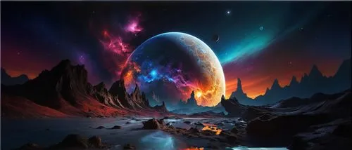 an alien planet is surrounded by planets,space art,futuristic landscape,alien planet,alien world,auroral,sci fiction illustration,fantasy landscape,panspermia,protoplanetary,ice planet,fire planet,fan