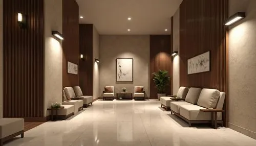 Solemn memorial center, muted color palette, earthy tones, beige walls, dark wood accents, subtle bronze fixtures, soft ambient lighting, warm natural textures, solemn atmosphere, respectful ambiance,
