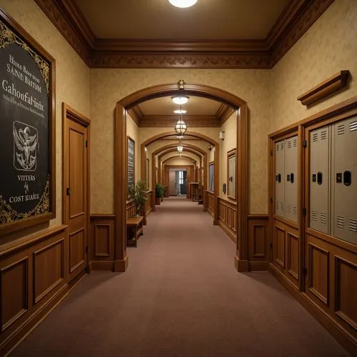 Warm beige walls, rich wood paneling, classic chalkboard accents, decorative wainscoting, ornate ceiling moldings, elegant archways, traditional lockers, vintage-inspired signage, comfortable carpeted