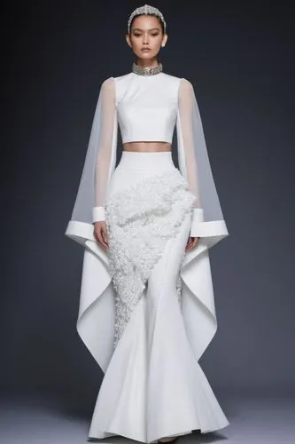 a fashion model wearing  sleevless trank  off-the-shoulder top with  collar  and pants,a woman in white wedding dress and skirt,thakoon,siriano,white silk,vionnet,zuoying,afw,temperley,moschini,bridal