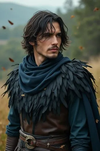 Photo of Diego Luna in his 20s. Mid-length hair. A young warrior with black and sapphire blue feather vest cloak. standing in the rural meadow forest hillside. Leaves and feathers floating in the wind