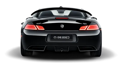 Sports car, shiny black paint, sleek design, sharp headlights, alloy wheels, low suspension, rear spoiler, exhaust pipe, detailed dashboard, leather seats, steering wheel, speedometer, 3/4 composition