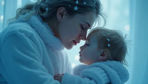 Uma mãe protegendo seu filho, com uma paleta de azul e branco que transmite serenidade, confiança e fé, com detalhes suaves que destacam a conexão profunda entre eles.",an adult holds the baby in her 
