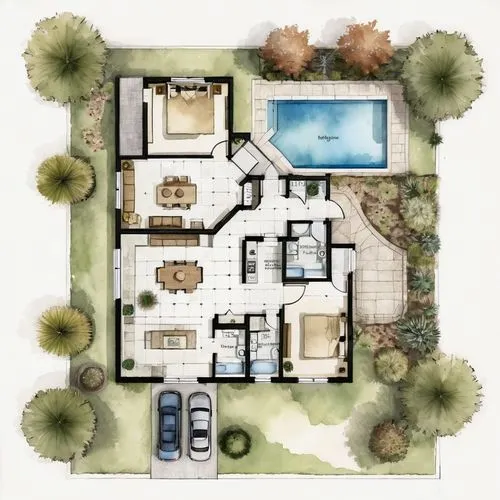 Visualize the floor plan, home design 3 bedroom house, with floor finishes, loose sketch, sepia, with labels and top view landscaping in watercolor render,floorplan home,house floorplan,house drawing,
