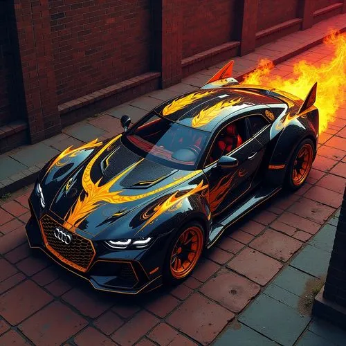 a black and yellow sports car is driving on the road,burnout fire,fire devil,lamborghini urus,flaming,open flames,fire breathing dragon,dragon fire,firespin,flame of fire,fire eyes,dragonfire,burning 