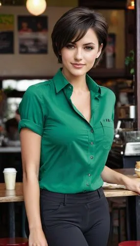  sharp focus, a waitress in a cafe, age circa 26, viewed from the rear, turning toward the viewer, pretty face, short dark hair, expressive green eyes, eye-shadow, smile, tight green shirt, big boobs,