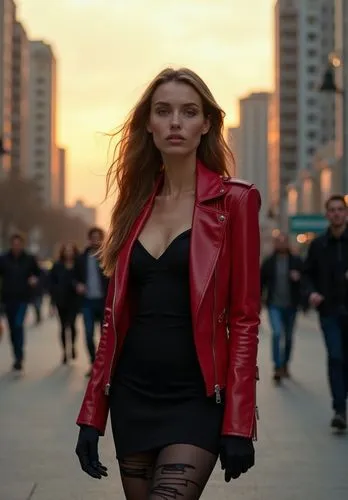 a striking full-body photograph of a beautiful 23-year-old Caucasian woman with long brown hair cascading to her shoulders, adorned in a black dress with a neckline and a bold red leather jacket, comp