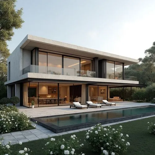 Three-story modern minimalist luxury villa with clean horizontal geometry, elegant cantilevered volumes, flat roof, and full-height floor-to-ceiling windows on all three floors with slim black aluminu