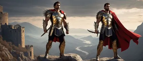 Muscular man, Raid Acrazia, fantasy hero, standing, confident pose, short spiky hair, sharp facial features, golden armor, silver trim, red cape flowing in wind, broad chest, toned legs, muscular arms