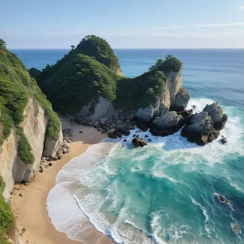 a beautiful blue ocean sits next to two tall green cliffs,pacific coastline,cliffs ocean,beautiful beaches,mountain beach,shipwreck beach,dream beach