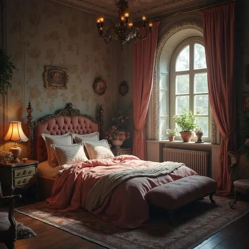 hyperrealisticprincess bedroom, atmospheric photos, exotic,  8k, Hyper detailed
,an elegant bedroom with the bed made up,ornate room,bedroom,chambre,bedchamber,victorian room,sleeping room,danish room
