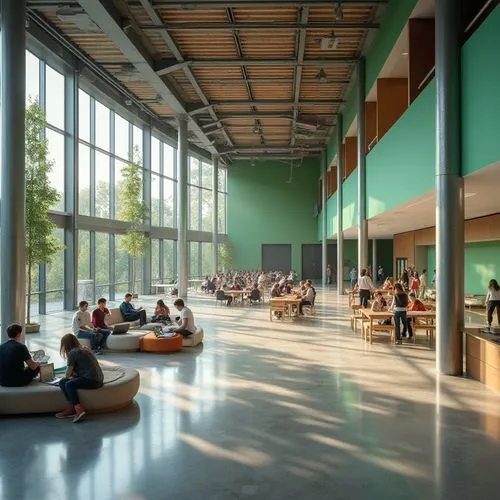 Modern school, galvanized steel, structural columns, sleek lines, minimalist architecture, vast open spaces, abundant natural light, polished concrete floors, wooden accents, vibrant green walls, stud