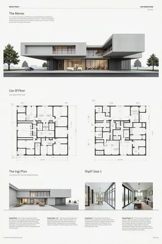 A professional architectural presentation board with a Pure background and a clean, minimalist design layout. The board includes:
Top Section: On the top left, a photorealistic render of a contempora