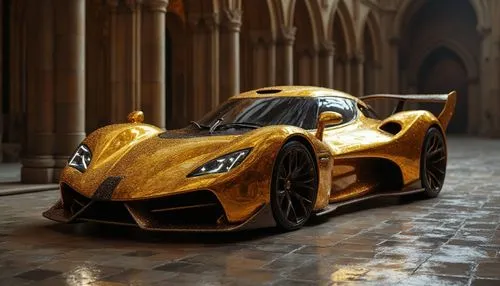 "Opulent gold supercar with sleek aerodynamic design, positioned in medieval cathedral hall, dramatic low lighting, reflective stone floor, architectural elegance",a gold colored sports car parked in 