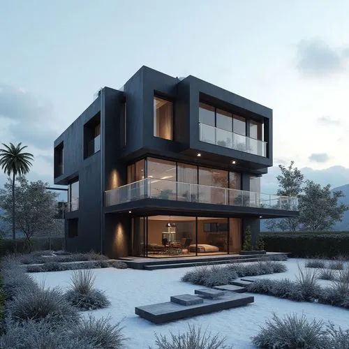 A contemporary, multi-story luxury residence showcasing a bold, geometric composition of stacked rectangular volumes in deep charcoal and slate hues. The façade features sleek glass railings, spacious