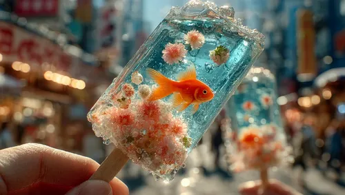 18.A realistic photo of an ice pop held in a hand ultra-detailed and lit with natural light. Inside the transparent ice, there is a miniature Tropical fish , as if frozen in time. The ice pop has a sl