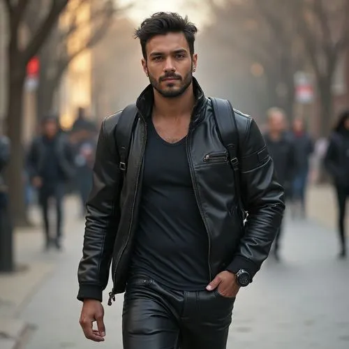 an insanely handsome muscular college professor, Latino, who is an immortal werewolf, wearing leather jacket, tank top, and leather pants, on campus, wearing smartwatch, boots, backpack














