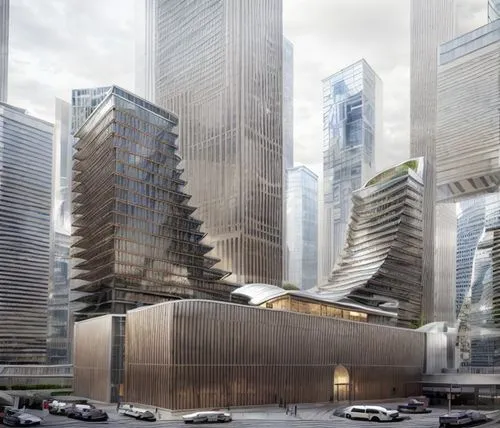 aerial view,distant shot,office building mid rise,commercial building complex,Curved style,Futuristic style,norman foster style,,modern facade,vertical frame,streets,light details,plaza,commercial atm