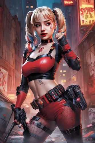 Harley Quinn, Deadshot, dynamic duo, comic book style, vibrant colors, Harley's iconic red and black costume, pigtails, playful smirk, red eye scope, action pose, fighting stance, Gotham City backdrop