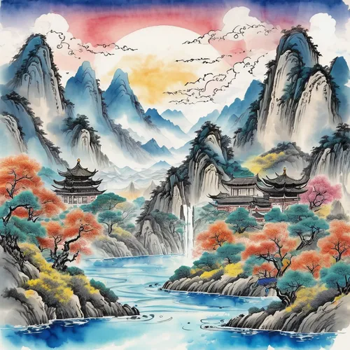 a Chinese ink painting of mountains with a river and trees, ink brush, in the style of colorful fantasy, orient-inspired, multi-layered color fields, intricately mapped world, aerial view, storybook i