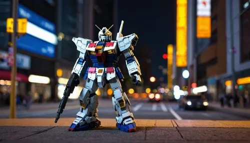 a miniature gundam mech travelling in toronto,the large toy robot is standing on the sidewalk,ramjet,combiner,formers,rung,transformers,transformer