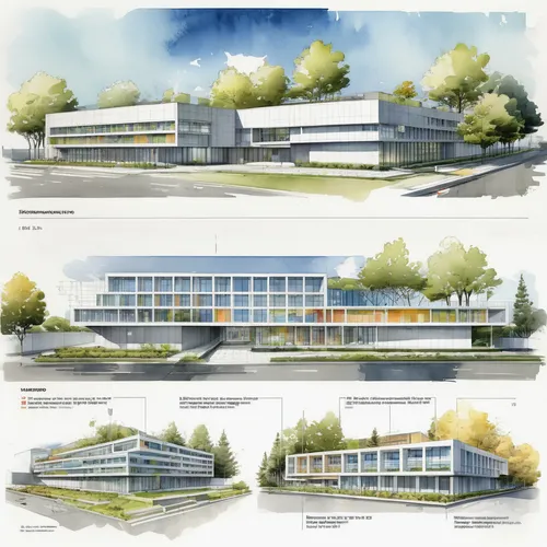 Watercolor (architecture exterior plan:1.2) for a modern school building (Riken Yamamoto:1.3), straight lines, square forms, penetrating lighting, dynamic spatial sequences, connecting spaces that fos