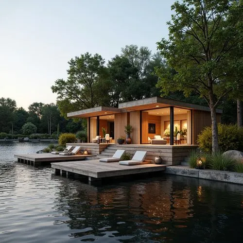 Waterfront boathouse, rustic wooden dock, tranquil lake surroundings, lush greenery, reflective water surface, modern minimalist architecture, large windows, sliding glass doors, natural light pouring