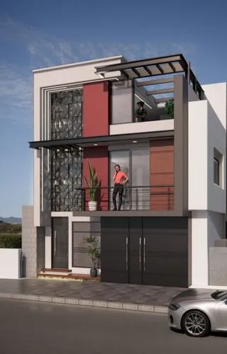 arquitectura minimalista,a small car sits outside of a multi story home,modern house,cubic house,two story house,residential house,frame house,cube house,stucco frame,block balcony,prefab,modern archi
