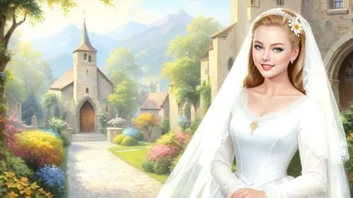Romantic masterpiece oil painting, 1950's kitsch style, medieval church courtyard, bridal veil, high res, by Thomas Kinkade, by Bob Ross,a painting of a wedding dress and veil,the bride,white rose sno