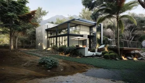 a house that is on some dirt ground,mid century house,dunes house,forest house,modern house,garden elevation,landscaped,smart house,beach house,house in the forest,tropical house,render,bungalow,home 