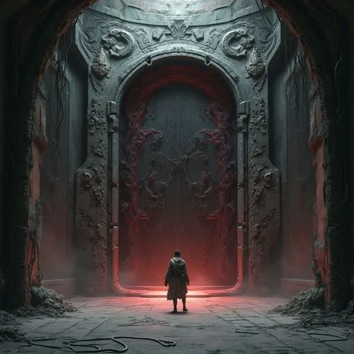 KAI (Scene: Entrance to the Inner Sanctum)
Background/Setting:
Le fond montre une grande porte biomécanique, massive et imposante. La porte est faite d’un métal organique, mais avec des veines visible
