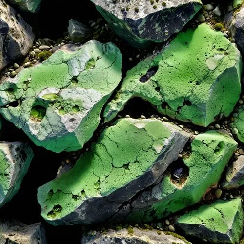 roccia spaccata nera con all'interno minerali preziosi verde scuro,green moss growing between several rocks, in an outdoor area,olivine,beach glass,colored rock,liverwort,chlorophyll,solidified lava,p