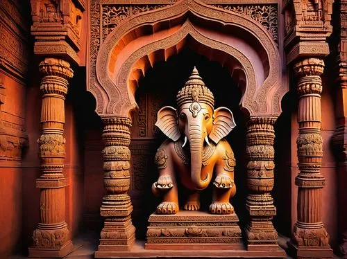 Ancient Indian temple, intricate carvings, ornate sculptures, vibrant colors, red sandstone walls, towering spires, grand entrance gates, majestic pillars, idols of Hindu deities, Garuda and Nandi sta