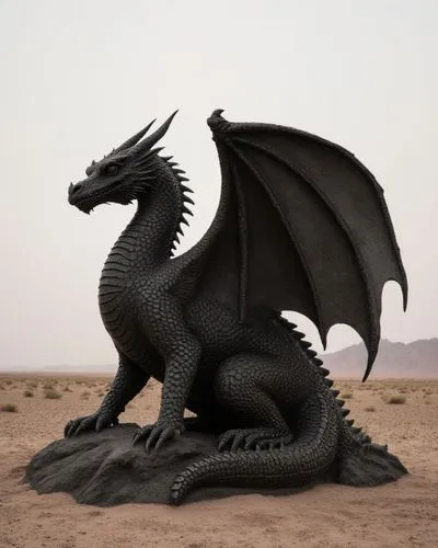 estatua de un dragón oscuro en un paisaje desertico ,a statue of a dragon with its wings folded down sitting in the sand,black dragon,dragon,dragon of earth,fire breathing dragon,dragon design,seat dr